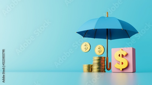 Wallpaper Mural Umbrella insurance coverage concept. Colorful umbrella shielding coins and money on a blue background. Torontodigital.ca