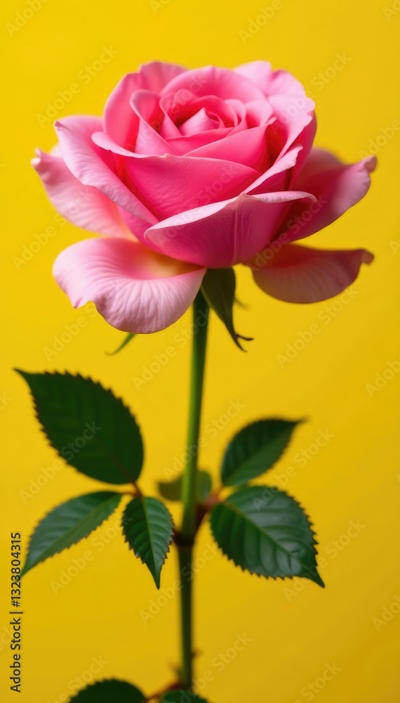 Fototapeta premium Pink rose in full bloom against a yellow background, blossoms, flowers