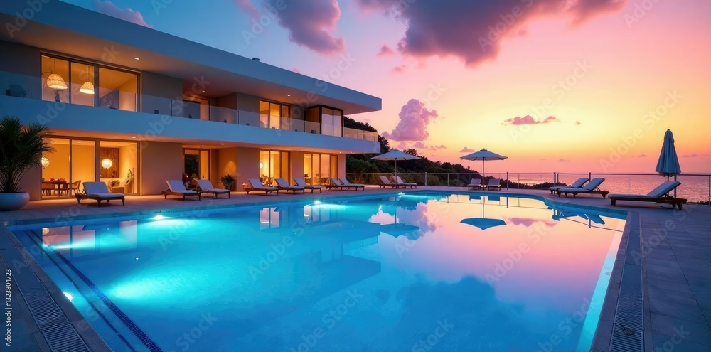 Fototapeta premium Piscina azul con edificios de Zona Marina a la luz del atardecer rojizo, Playa, Mar, Edificio