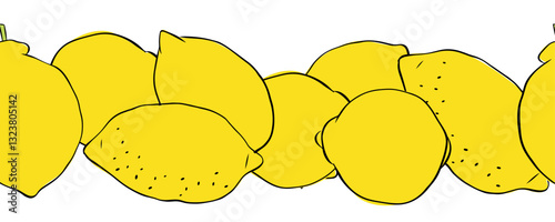 Lemons citric fruits seamless horizontal border. Hand drawn vector graphic line ink illustration. art for food design, recipe, cook book, packages, menu, food ads and decor