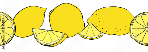 Lemons citric fruits whole and slices seamless horizontal border. Hand drawn vector graphic line ink illustration. Ideal for menu, package, cosmetic, textile, cards