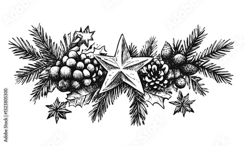 Christmas pine cones and holly with star in black and white, linear icons set, vector.