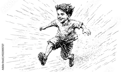 Energetic boy running fast, sketch-style, black and white, linear icons set.
