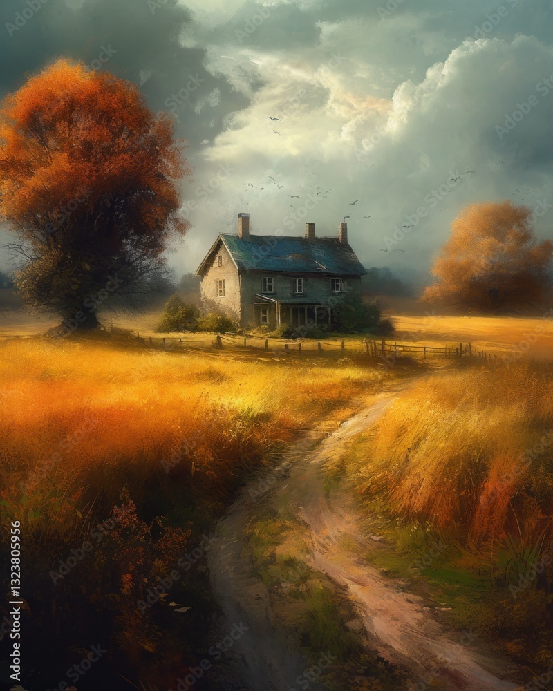 Fototapeta premium Rustic countryside landscape with cottage in golden wheat fields and vibrant autumn tree