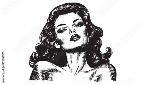 Elegant retro woman portrait in black and white - linear icons set vector.