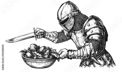 Knight preparing to slice vegetables, armor and sword, linear icons set, vector.