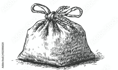 Burlap sack with grain and bow on top - monochrome illustration, linear icons set.