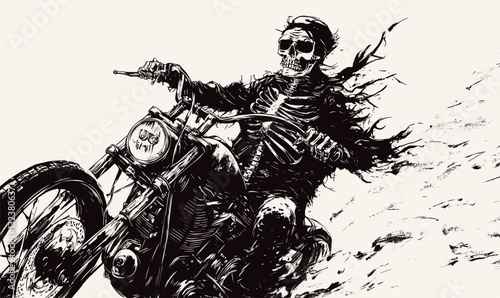 Skeleton riding motorcycle in motion vector, linear style icon set.
