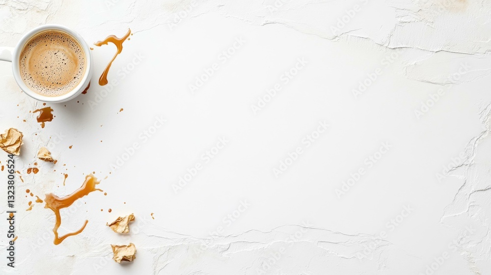 Obraz premium Cup of coffee with spilled background and crumbly cookies on white table. Minimalist morning scene.
