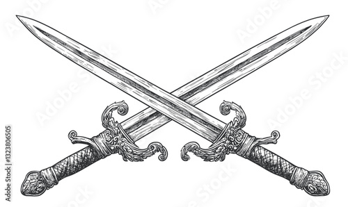 Crossed medieval swords with ornate handles vector, linear icons set.