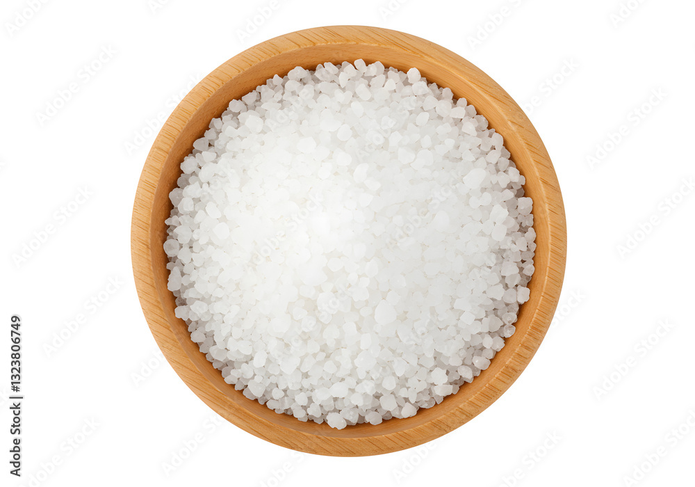 Wooden Bowl Filled with White Salt Crystals on a White Background Wooden Bowl Filled with White Salt Crystals on a White Background