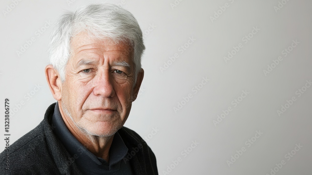 Portrait of Experience: A dignified senior man with silver hair, his face etched with the wisdom of time, gazes directly at the viewer, radiating an air of calm authority. Portrait of Experience: A dignified senior man with silver hair, his face etched with the wisdom of time, gazes directly at the viewer, radiating an air of calm authority.