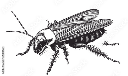 Realistic cricket insect detailed illustration in black and white, vector, linear icons set.