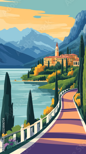Retro Lake Garda Italy Travel Poster with Mountains and Road Landscape