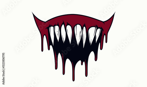 Minimalist Vampire Fangs Line Art Dripping Blood Scary Illustration Vector