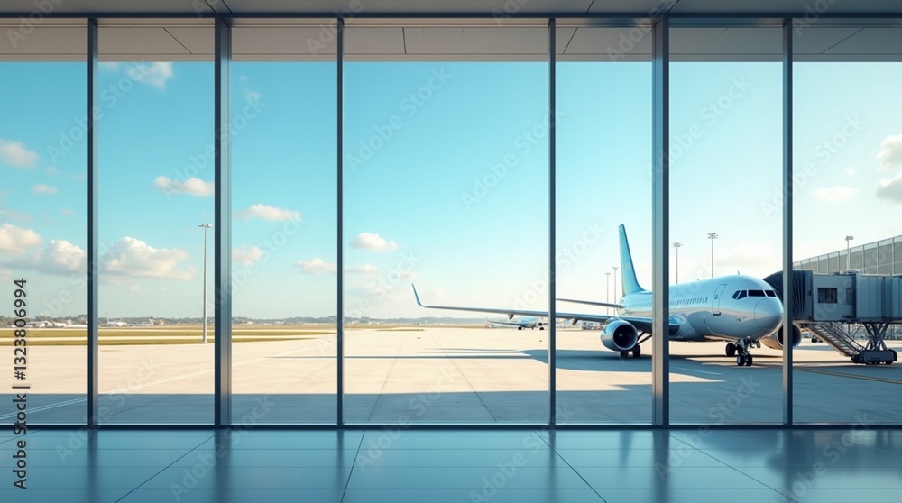 Fototapeta premium Scene of airport, no human ,airplane outside the window, sunny day airport