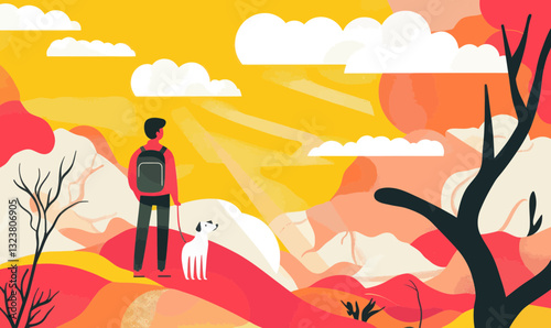 Man with Dog in Vibrant Fantasy Landscape Vector Illustration for Nature Exploration