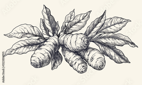 Hand-drawn taro roots with leaves in a linear style, icons set, vector.