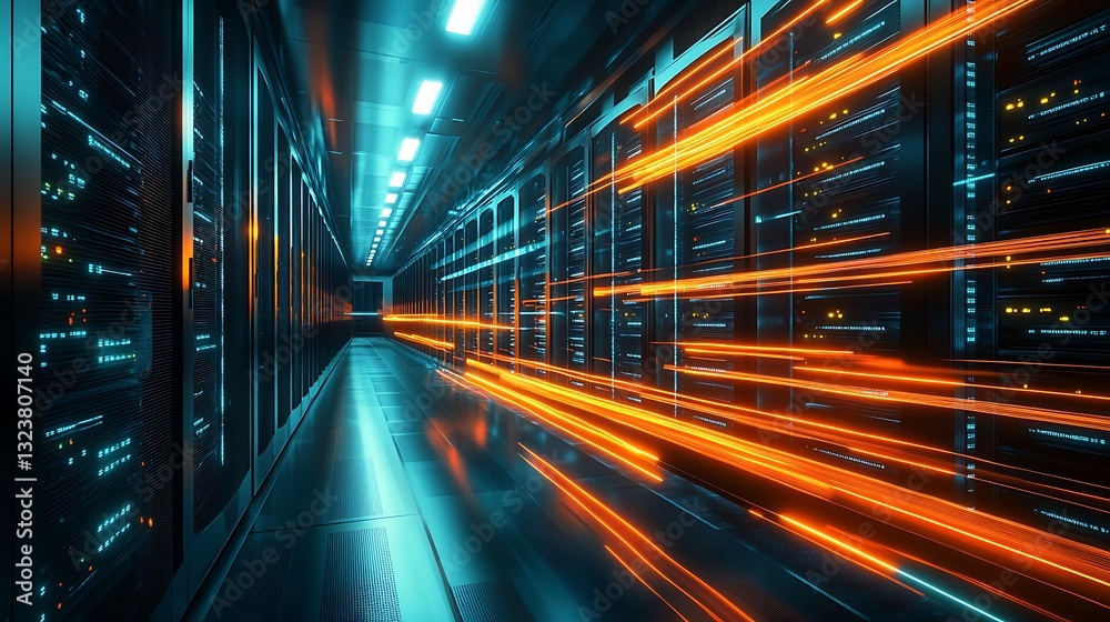 Obraz premium Futuristic Server Room Data Center: Network Infrastructure with High-Speed Data Transfer and Advanced Technology Solutions.