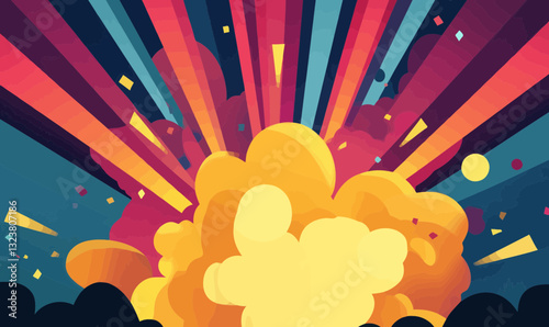 Dynamic Cartoon Explosion Vector with Colorful Rays and Clouds for Energetic Designs