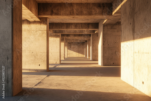 perspective view of empty rectangular space with concrete pillars and warm lighting creates serene atmosphere. architectural design emphasizes simplicity and depth