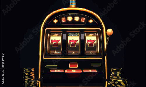 Gold Neon Casino Slot Machine with Playing Cards and Poker Chips in Dark Setting