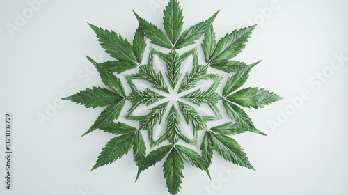 Green cannabis leaves arranged in a symmetrical snowflake pattern with white sugar on a clean white background