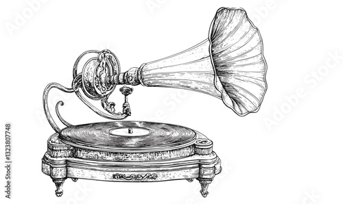 Vintage gramophone with ornate details in linear style, retro music player icons set, vector.