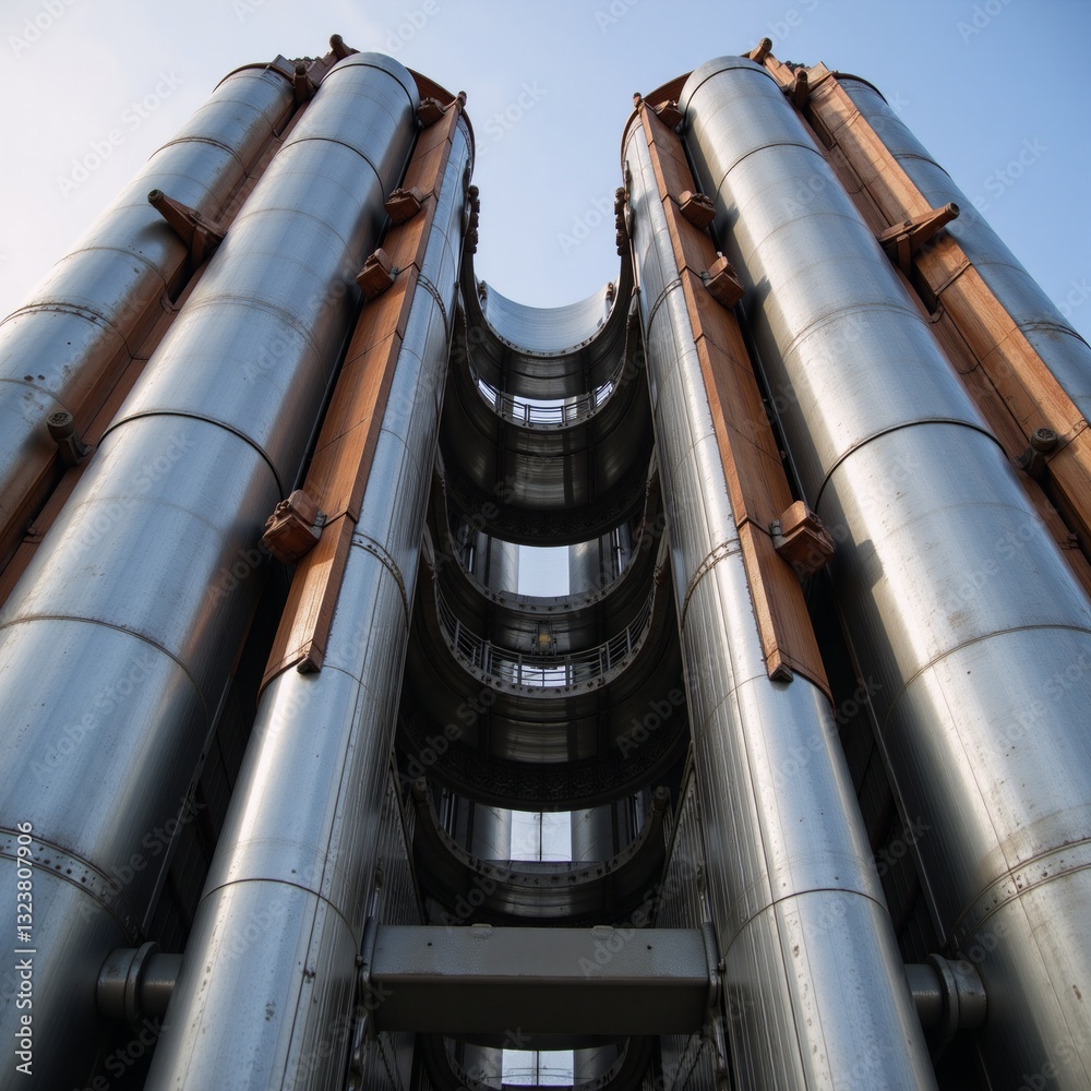 Industrial architecture featuring a mix of metal patterns and wooden accents textured like steel Industrial architecture featuring a mix of metal patterns and wooden accents textured like steel