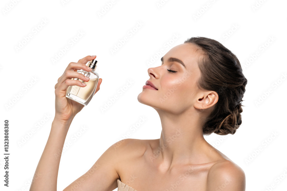 A graceful woman in a strapless dress, spritzing perfume onto her neck, her serene expression capturing the essence of refined beauty, isolated on a transparent background A graceful woman in a strapless dress, spritzing perfume onto her neck, her serene expression capturing the essence of refined beauty, isolated on a transparent background