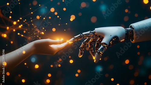 Human and Robot Connection: Artificial Intelligence Meets Humanity with Emerging Technology, Highlighting Innovation and Digital Future.