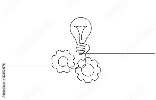 Single continuous line symbol of machine wheel gears and light bulb vector illustration, Continuous Line Drawing of Moving Gear and Light Bulb Minimalist Concept Vector Illustration.