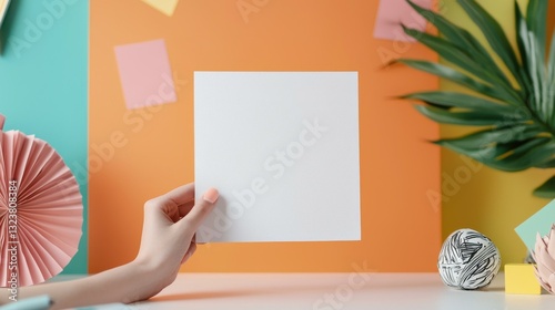 Hand holding blank paper against colorful creative background with plant and art supplies. photo