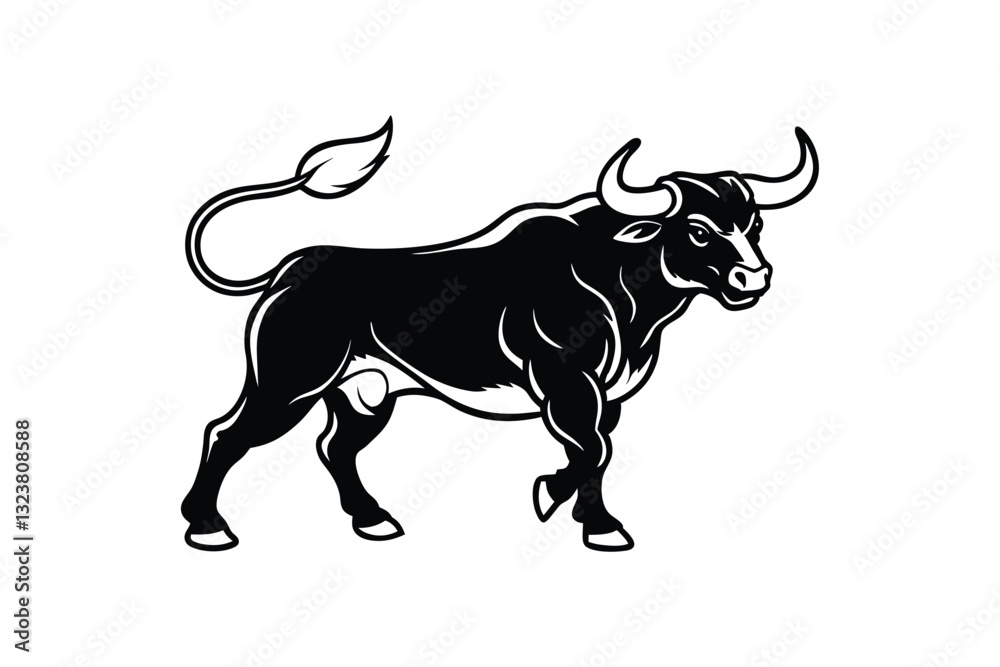 A black and white illustration of a bull in a charging stance.eps A black and white illustration of a bull in a charging stance.eps