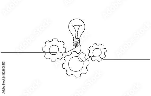 Single continuous line symbol of machine wheel gears and light bulb vector illustration, Continuous Line Drawing of Moving Gear and Light Bulb Minimalist Concept Vector Illustration.