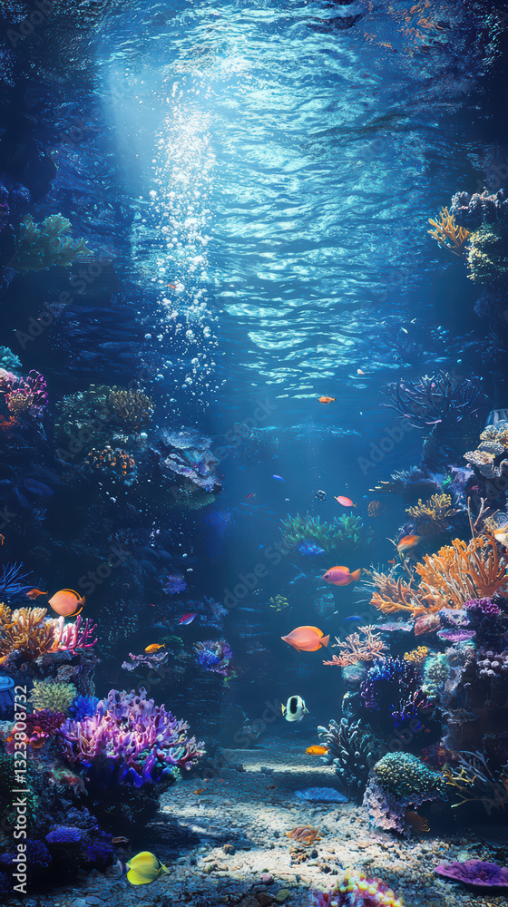 Obraz premium Underwater Realm: A vibrant underwater world teeming with life, where colorful coral reefs flourish and diverse fish gracefully swim through crystal-clear waters.