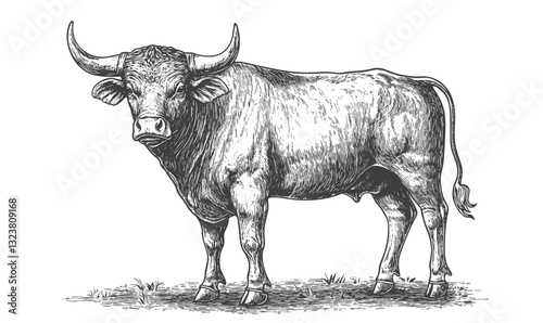 Bull standing illustration in black and white outline, linear style, icons set, vector.