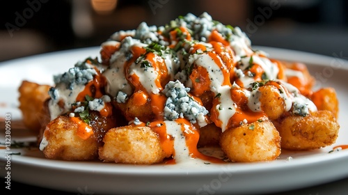 Buffalo Ranch Loaded Tots Crispy tater tots topped with buffalo sauce, ranch dressing, and blue cheese crumbles