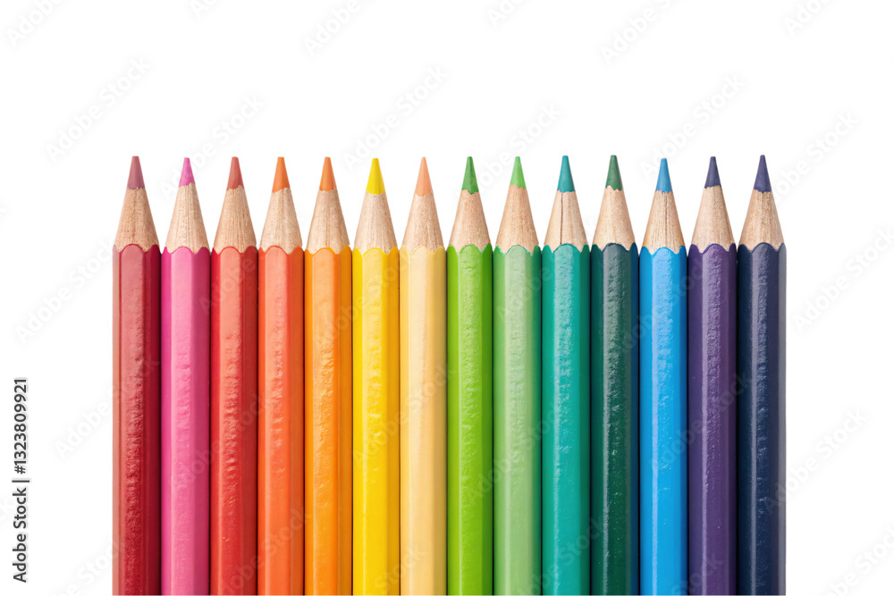 A vibrant set of sharpened colored pencils in warm and cool shades, aligned perfectly, displaying their rich pigmentation and wooden textures, isolated on a transparent background A vibrant set of sharpened colored pencils in warm and cool shades, aligned perfectly, displaying their rich pigmentation and wooden textures, isolated on a transparent background