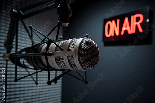 Professional Radio Broadcasting Studio with Dynamic Microphone and Glowing 