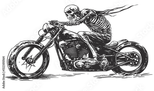 Skeleton riding motorcycle, windy urban adventure, flat style, icons set, vector.