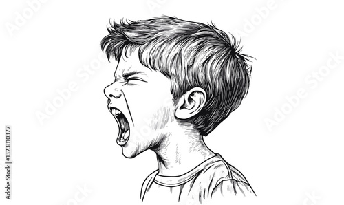 Young boy yelling with mouth open, expressive child face in linear style, icons set, vector.