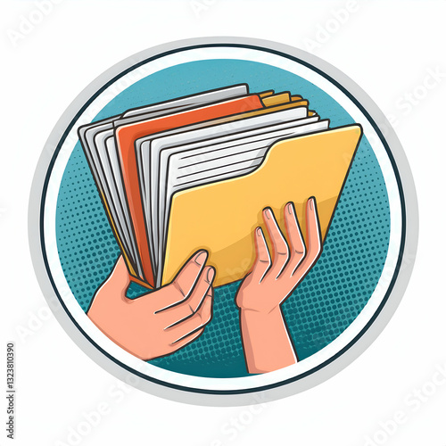 Securely Holding Important Documents, A Burst Of Colorful Paperwork In A Retro Pop Art Style Folder, Teal Background With Dotted Texture