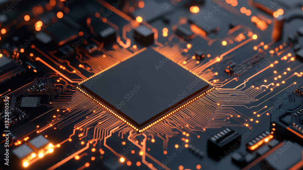 High tech black chip on circuit board with glowing orange lines, showcasing intricate electronic connections and modern technology High tech black chip on circuit board with glowing orange lines, showcasing intricate electronic connections and modern technology