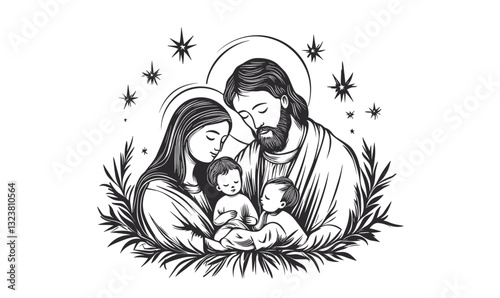 Holy family with halo and stars, religious flat icons set, vector.