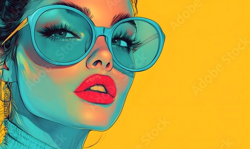 a woman wearing sunglasses and looking up with a bright yellow background.