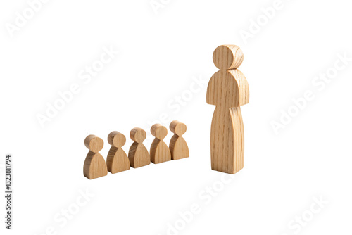 Wooden figure stands in front of five smaller figures. This could depict a teacher, speaker, or leader addressing a group, symbolizing mentorship, isolated on a transparent background