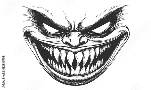 Creepy grinning face with sharp teeth, sinister vector, linear icons set.