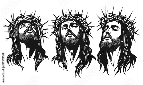 Jesus with crown of thorns, religious iconography, spiritual vector, flat icons set.