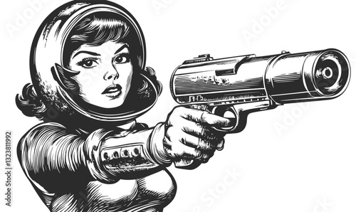 Vintage space woman with ray gun vector - linear icons set.